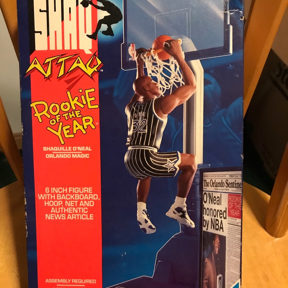 “Shaq Attack” 6 inch figure with backboard, hoop, net and authentic news article
